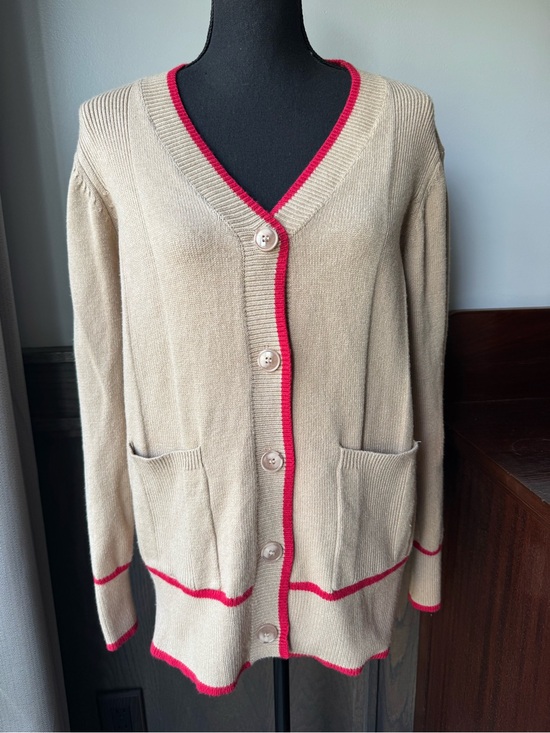 Dokotoo Sweaters - Beige Cardigan with Pink Trim V-Neck Button Front
